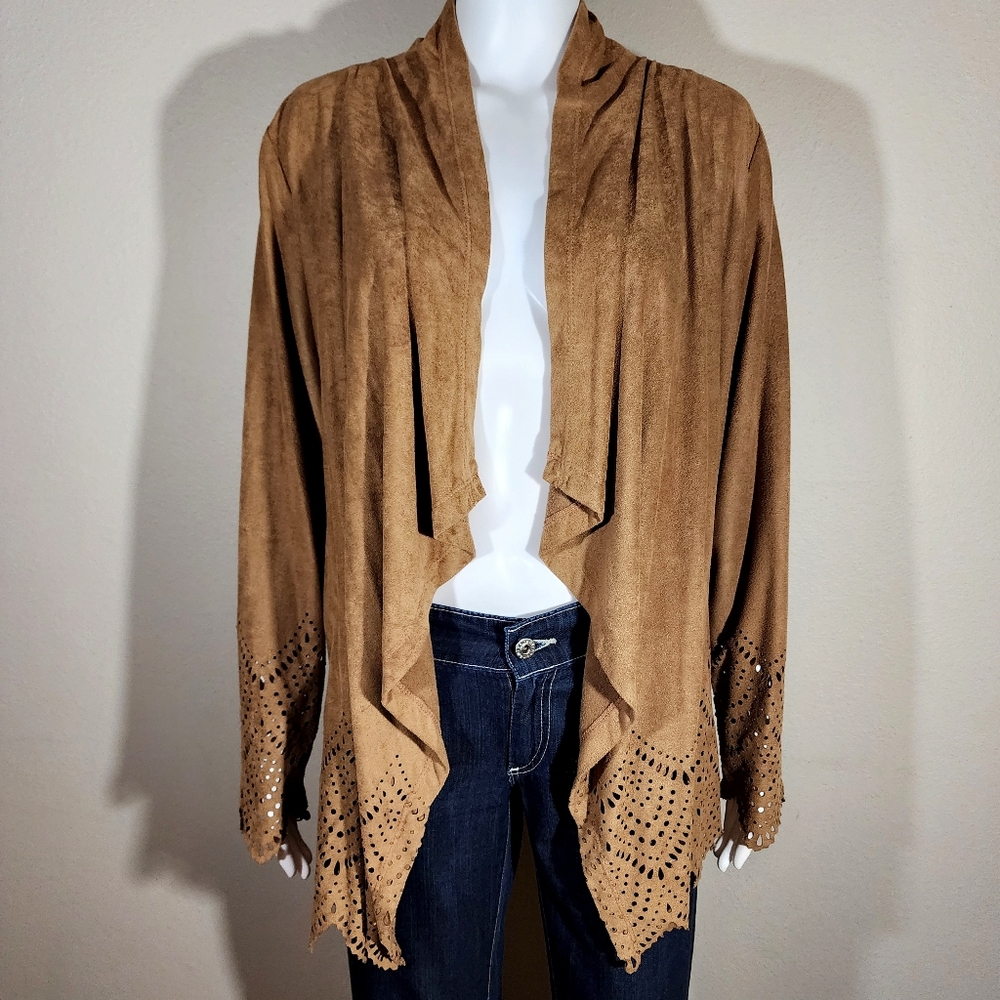 (EUC) KRAZY KAT Tan Faux Suede Open Cardigan Jacket